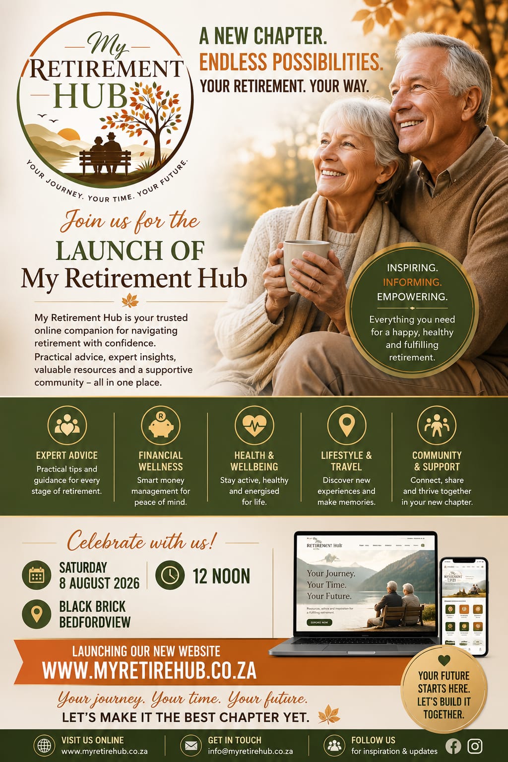 My Retirement Hub launch invitation, Saturday 8 August 2026, Black Brick Bedfordview