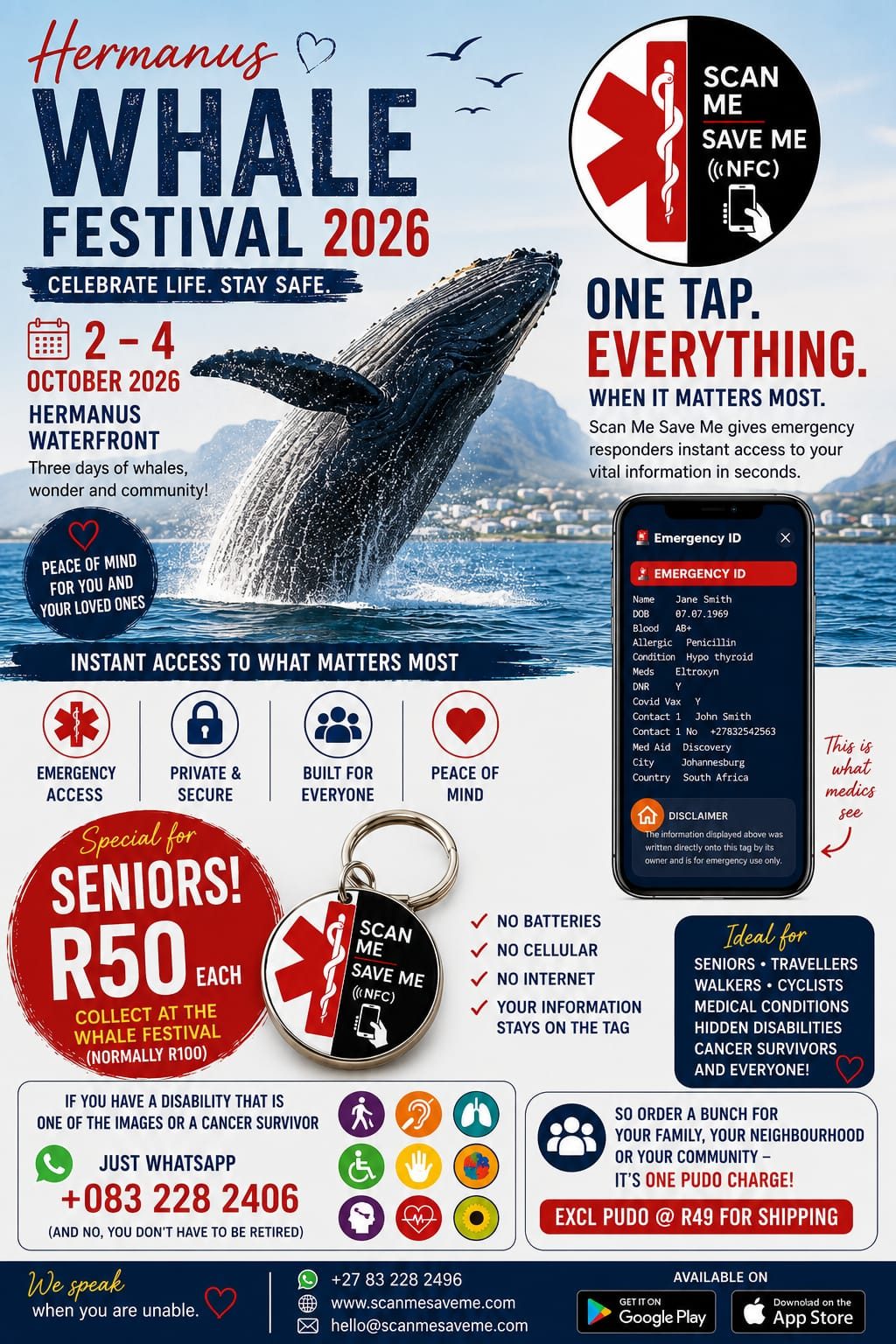 Hermanus Whale Festival 2026, 2-4 October, with Scan Me Save Me seniors special R50